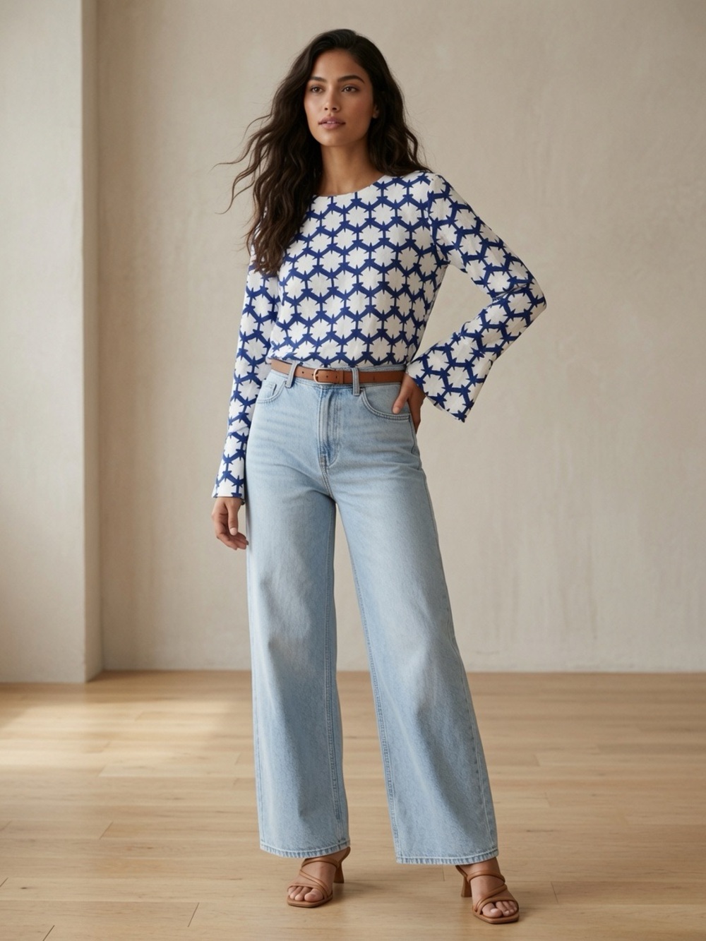 The Fold Blue and White Geometric Long Sleeve Top